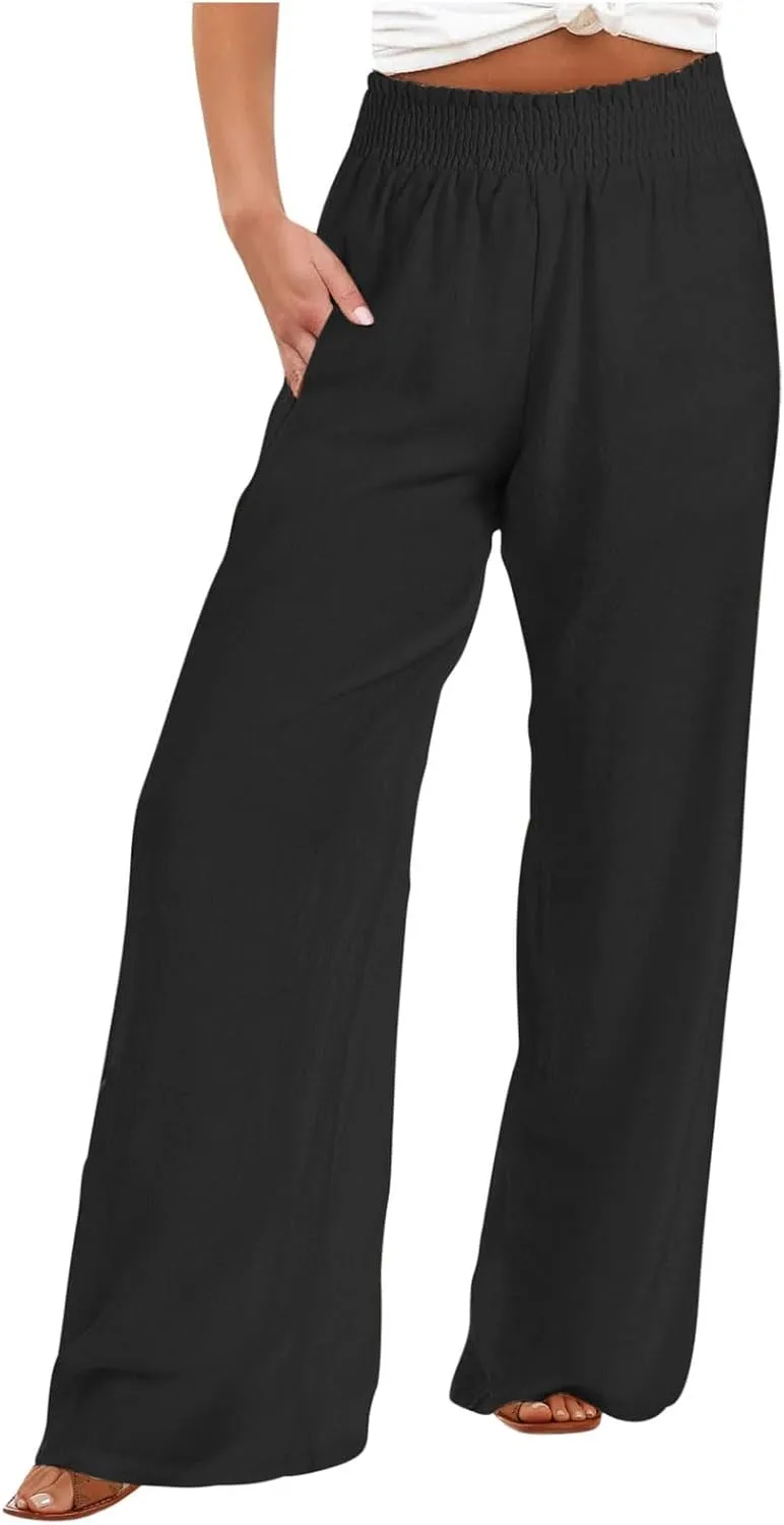 SHOPESSA Summer Pants for Women 2024 Smocked Smocked High Waisted Wide Leg Pants Lounge Palazzo Pants with Pockets