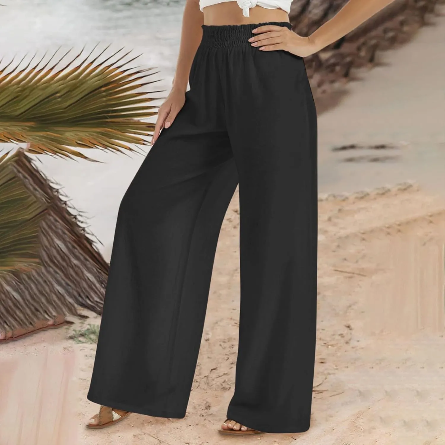 SHOPESSA Summer Pants for Women 2024 Smocked Smocked High Waisted Wide Leg Pants Lounge Palazzo Pants with Pockets