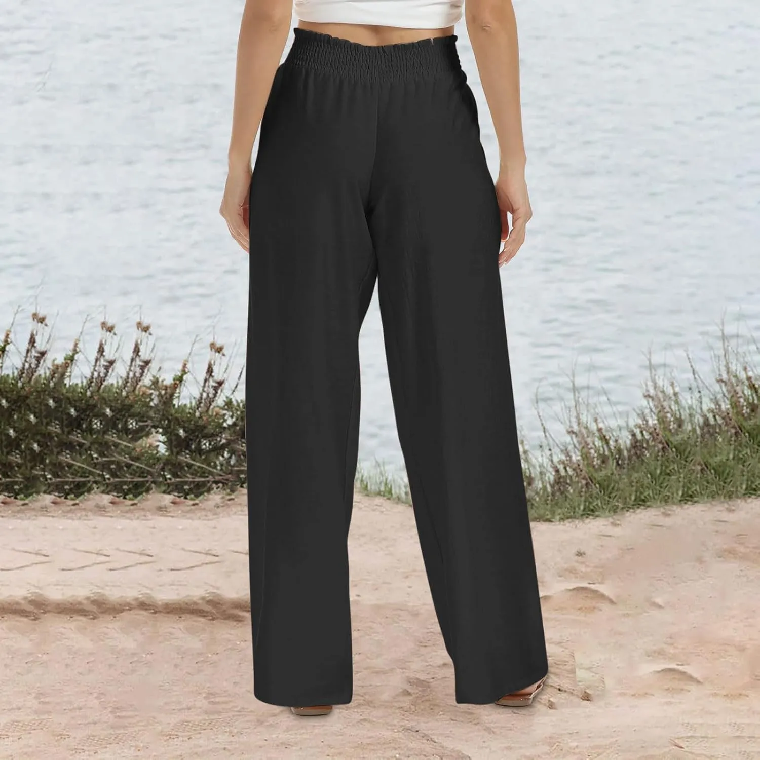 SHOPESSA Summer Pants for Women 2024 Smocked Smocked High Waisted Wide Leg Pants Lounge Palazzo Pants with Pockets