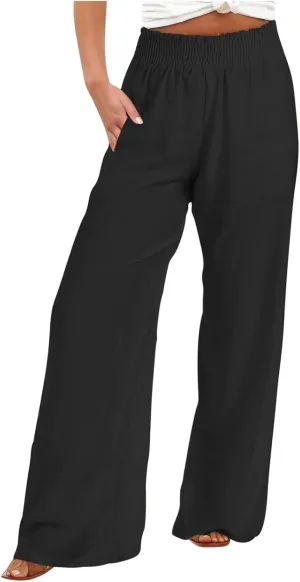 SHOPESSA Summer Pants for Women 2024 Smocked Smocked High Waisted Wide Leg Pants Lounge Palazzo Pants with Pockets