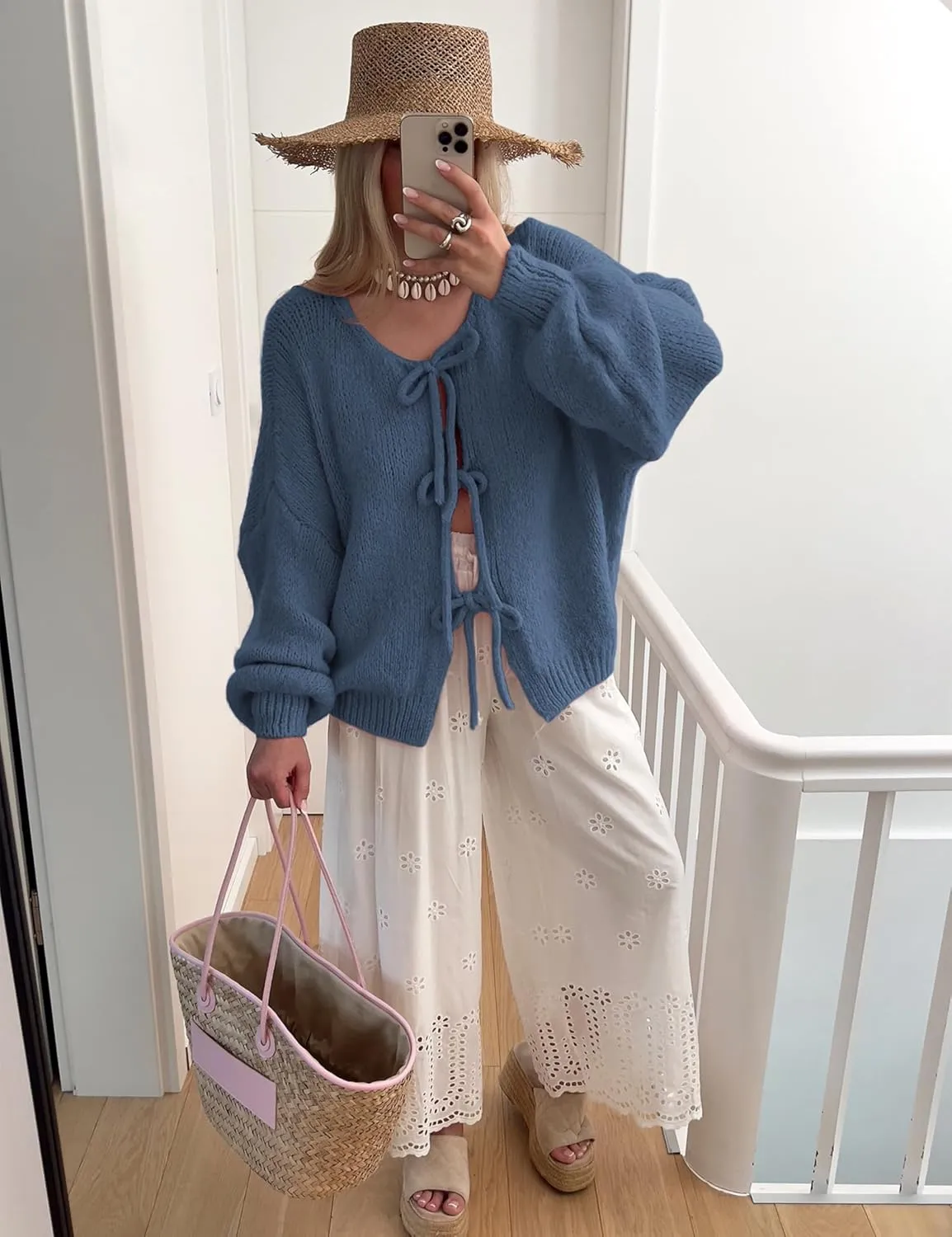 SKIKYAN Women Bowtie Oversized Knit Sweater Cardigan Y2K Long Sleeve V Neck Open Front Casual Knitwears