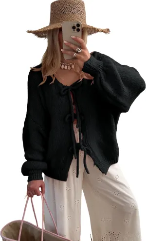 SKIKYAN Women Bowtie Oversized Knit Sweater Cardigan Y2K Long Sleeve V Neck Open Front Casual Knitwears