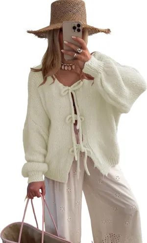 SKIKYAN Women Bowtie Oversized Knit Sweater Cardigan Y2K Long Sleeve V Neck Open Front Casual Knitwears