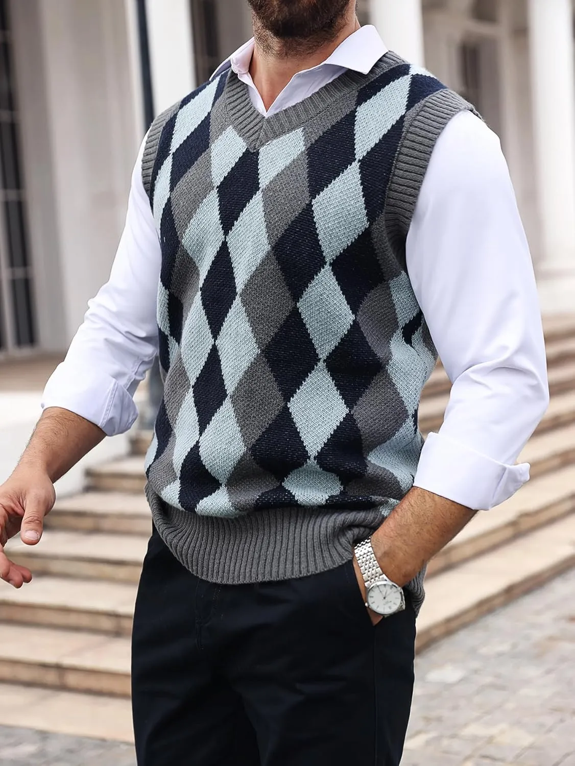 SOLY HUX Men's Plaid Sweater Vests Sleeveless V Neck Argyle Sweater Autumn Winter Warm Knitwear Tank Tops
