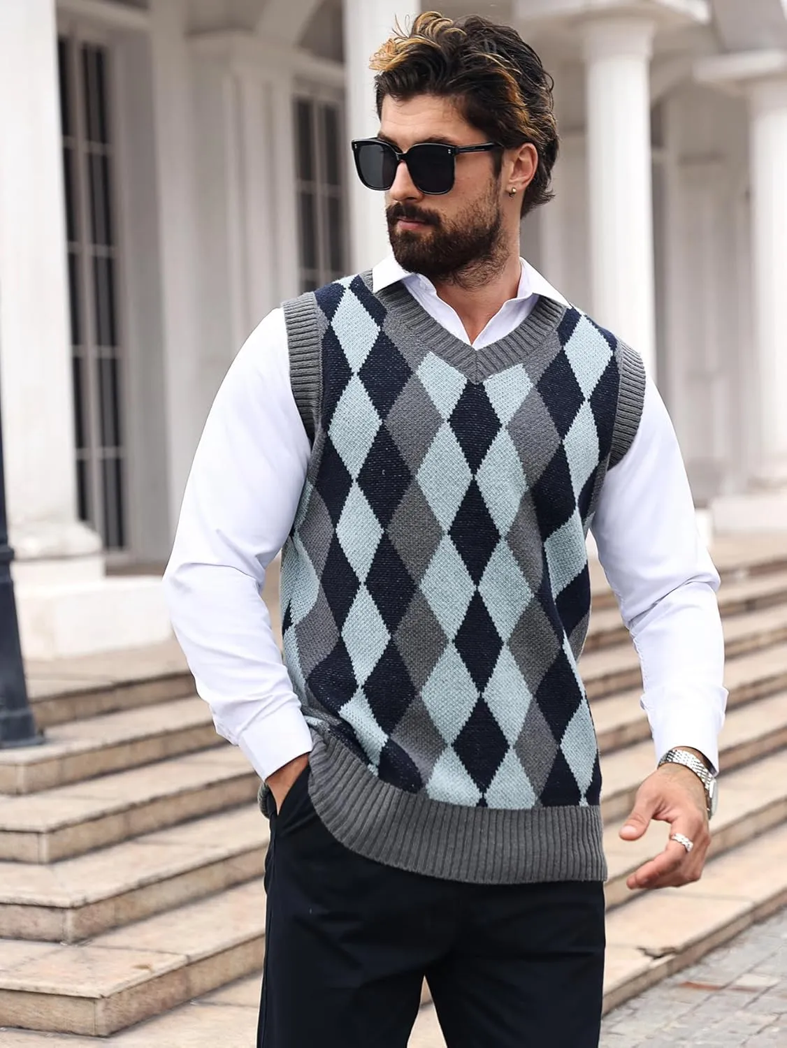 SOLY HUX Men's Plaid Sweater Vests Sleeveless V Neck Argyle Sweater Autumn Winter Warm Knitwear Tank Tops