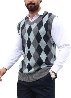 SOLY HUX Men's Plaid Sweater Vests Sleeveless V Neck Argyle Sweater Autumn Winter Warm Knitwear Tank Tops