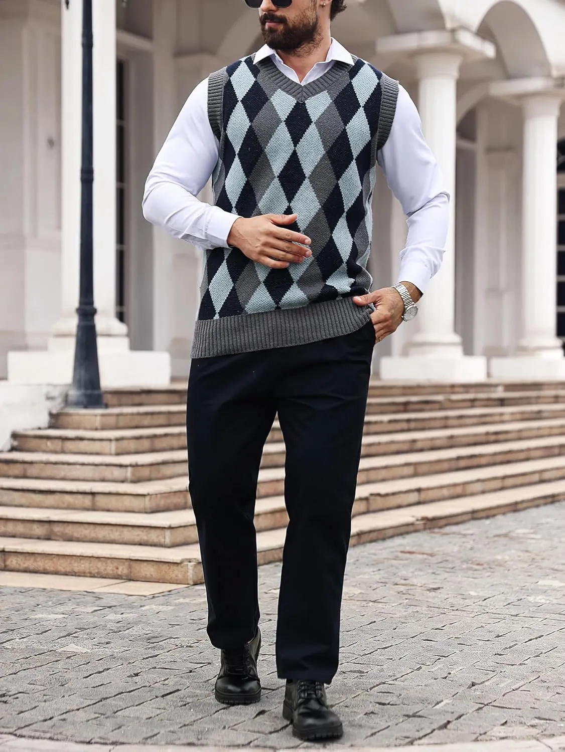 SOLY HUX Men's Plaid Sweater Vests Sleeveless V Neck Argyle Sweater Autumn Winter Warm Knitwear Tank Tops