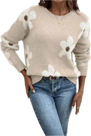 SOLY HUX Women's Floral Sweaters 2024 Fall Winter Crew Neck Pullover Tops Long Sleeve Casual Loose Sweater Knit