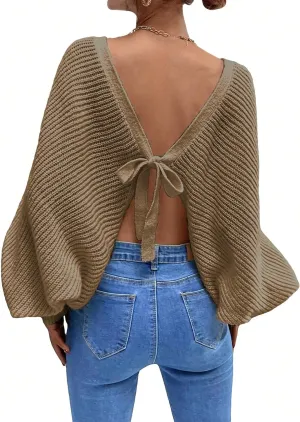 SOLY HUX Women's Off The Shoulder Pullover Sweater Long Sleeve Tie Back Knitted Drop Shoulder Sweater Tops