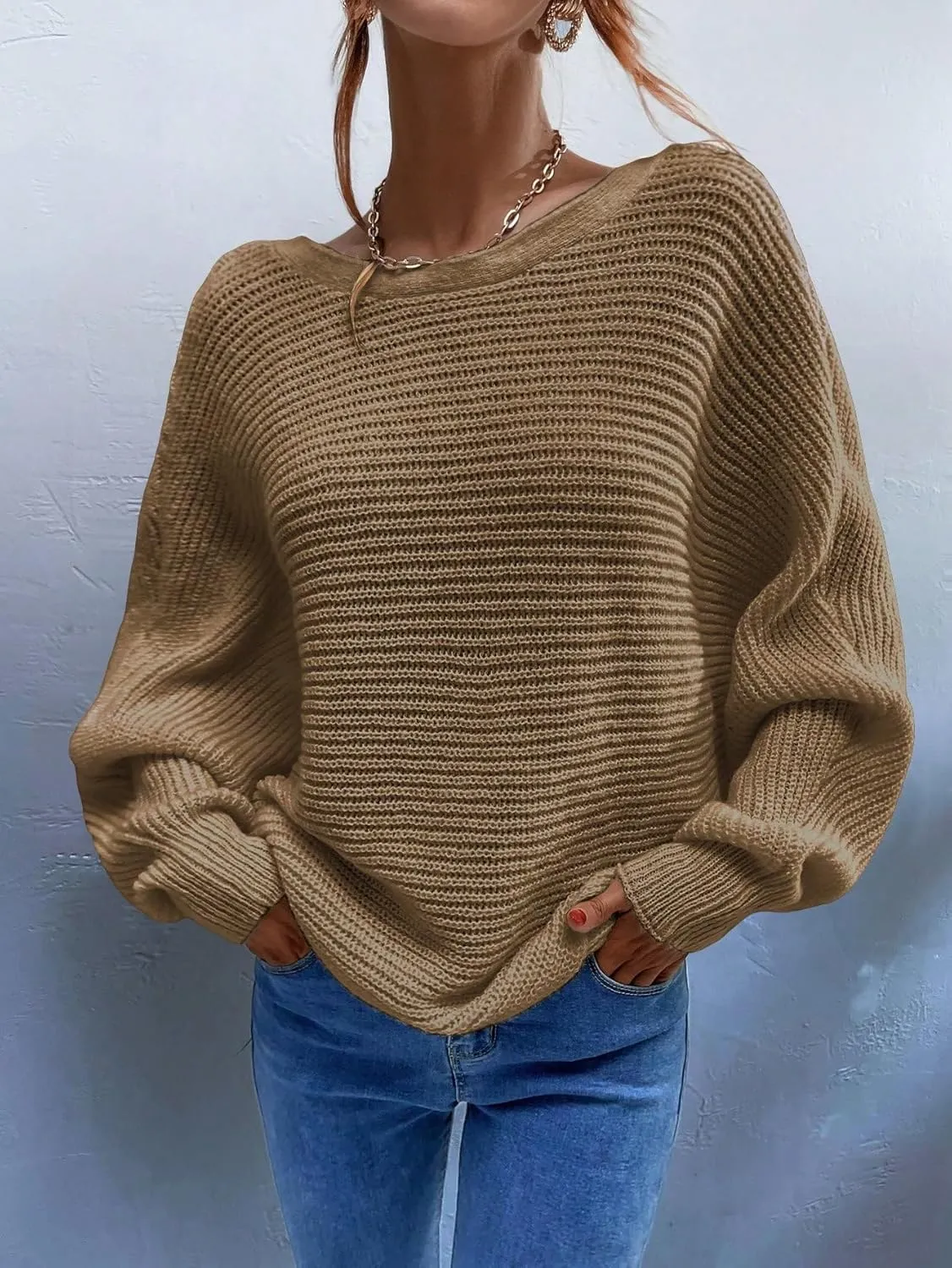 SOLY HUX Women's Off The Shoulder Pullover Sweater Long Sleeve Tie Back Knitted Drop Shoulder Sweater Tops