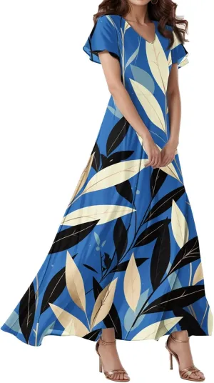 Spring Wedding Guest Dress,Women's Loose Casual V-Neck Short Sleeved High Waisted Print Chiffon Dress