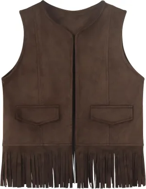 Spring&Gege Kids Open Front Suede Fringe Vest 70s Faux Tassels Jacket Cardigan (5-12 Years)