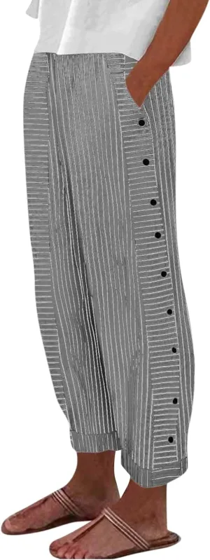 Straight Leg Linen Pants Women 2025 Trendy Side Button Striped Pants Summer Casual High Wasited Y2k Pants with Pocket
