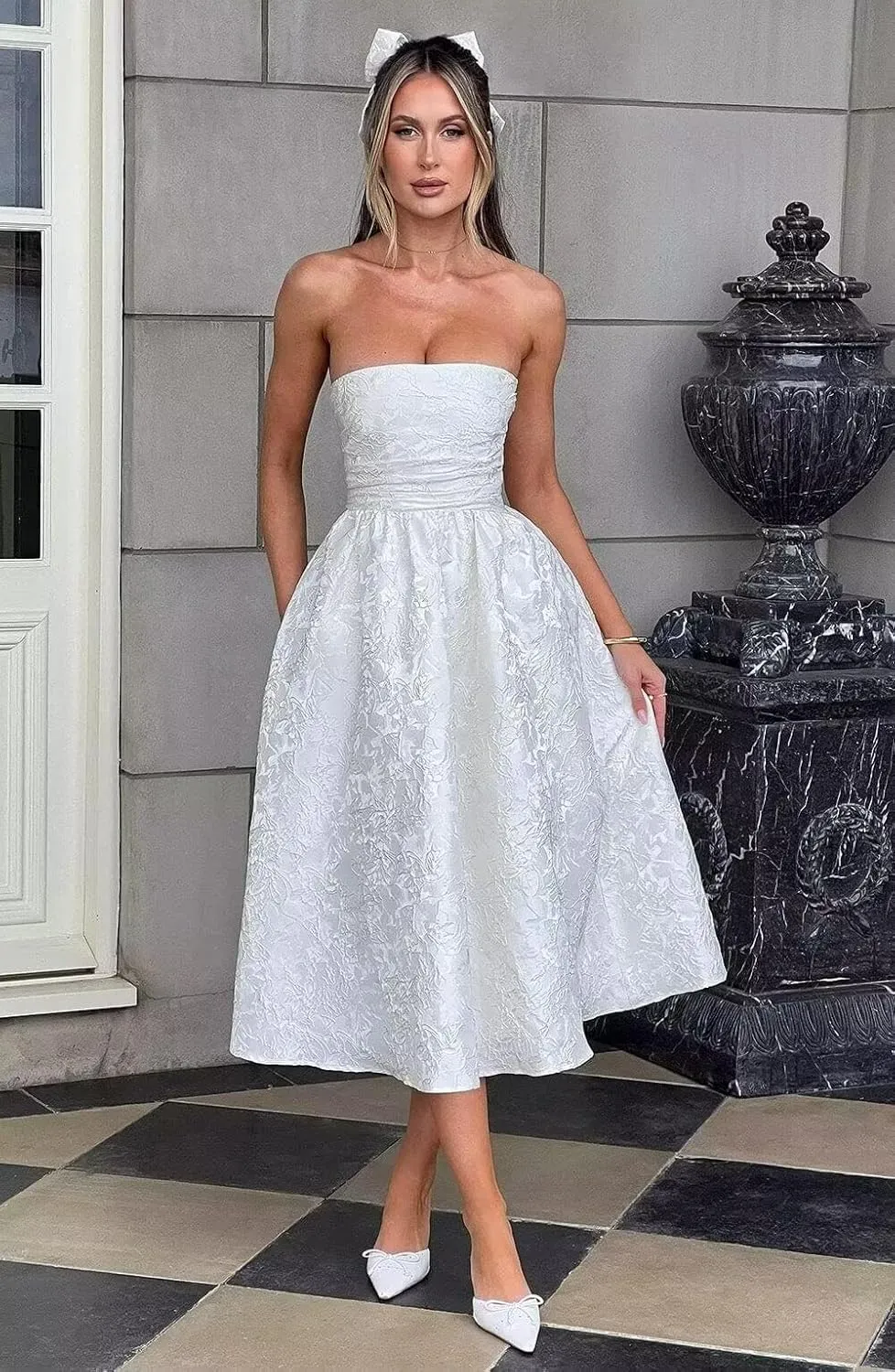 Strapless Jacquard Floral Prom Dresses Satin Corset Wedding Dress Midi Cocktail Pary Gown