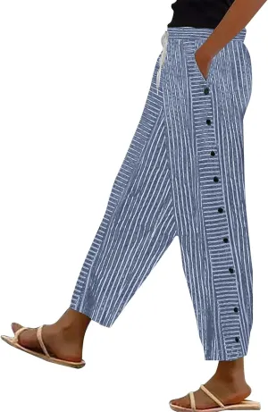 Striped Linen Pants for Women Casual Straight Leg Elastic Waist Pants Beach Side Button Summer Pants with Pockets