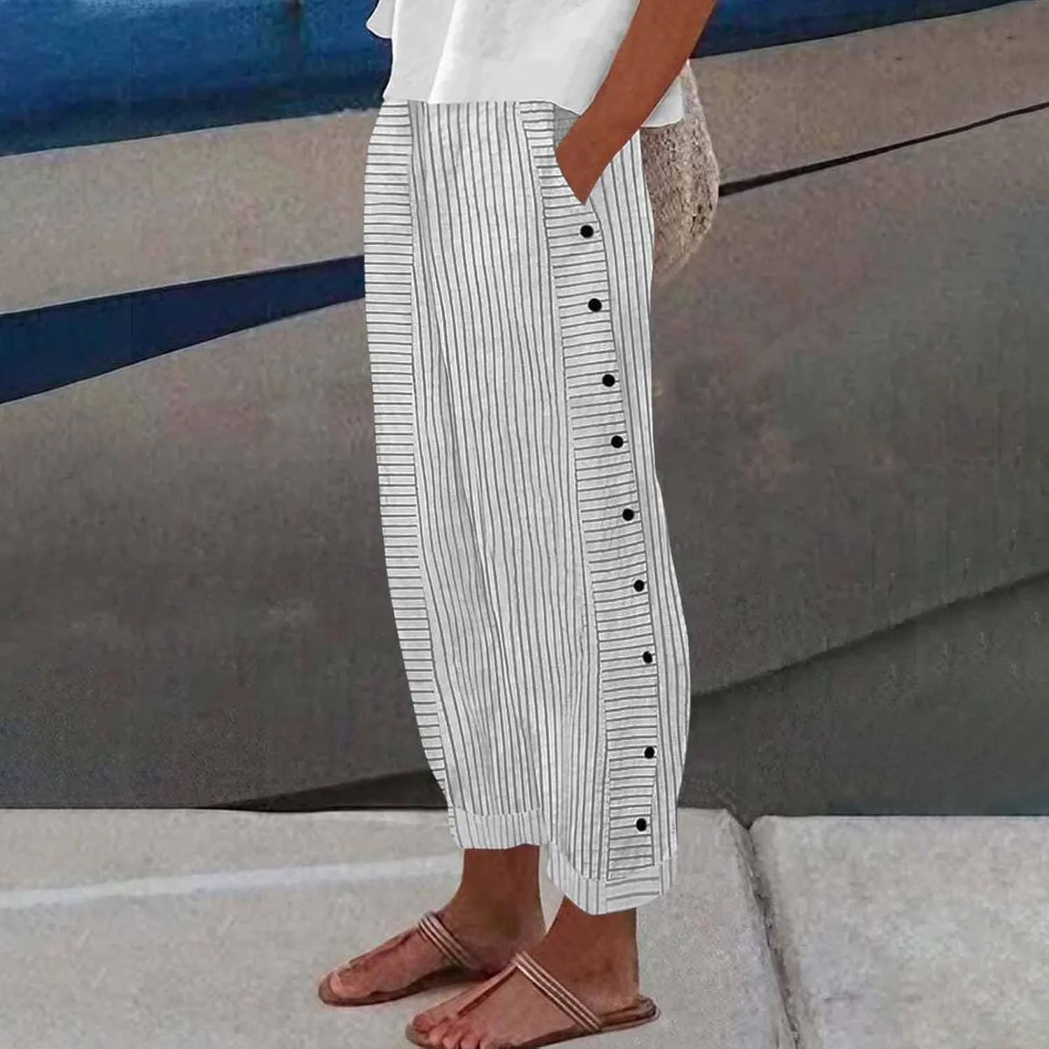 Striped Linen Pants Women Side Button High Waisted Straight Leg Pants Loose Fit Y2k Cotton Casual Pants with Pockets