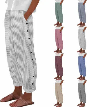 Striped Linen Pants Women Side Button High Waisted Straight Leg Pants Loose Fit Y2k Cotton Casual Pants with Pockets