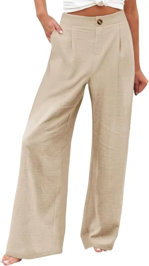 Striped Linen Pants Women Summer Casual Button Up Wide Leg Linen Pants Vintage Palazzo Lounge Pants with Pockets
