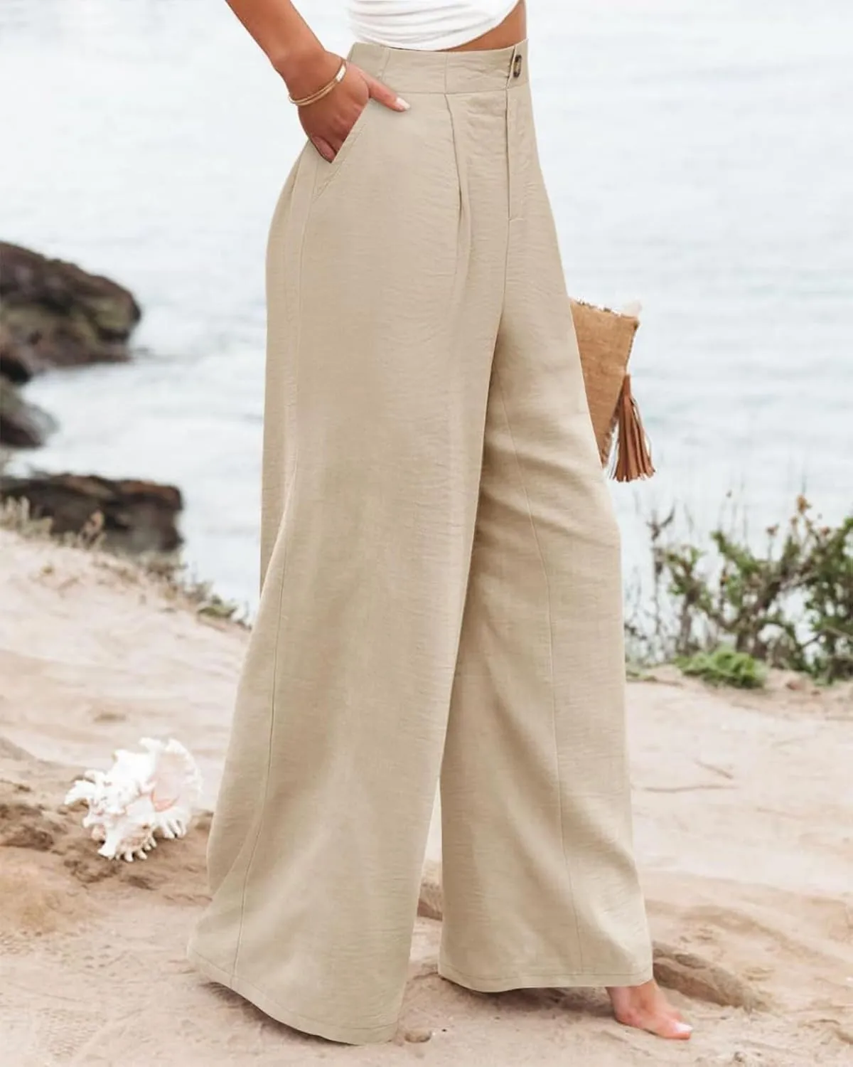 Striped Linen Pants Women Summer Casual Button Up Wide Leg Linen Pants Vintage Palazzo Lounge Pants with Pockets