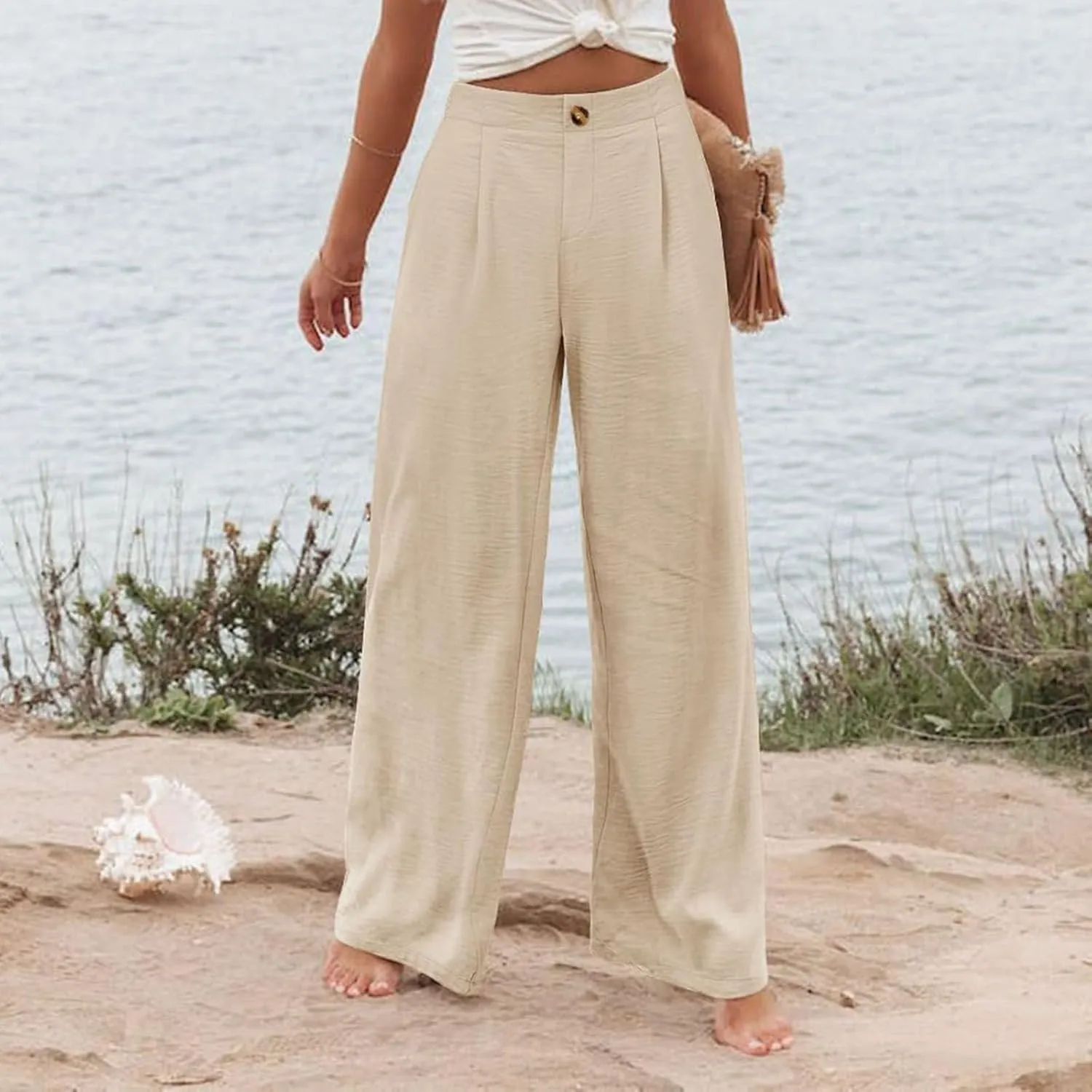 Striped Linen Pants Women Summer Casual Button Up Wide Leg Linen Pants Vintage Palazzo Lounge Pants with Pockets
