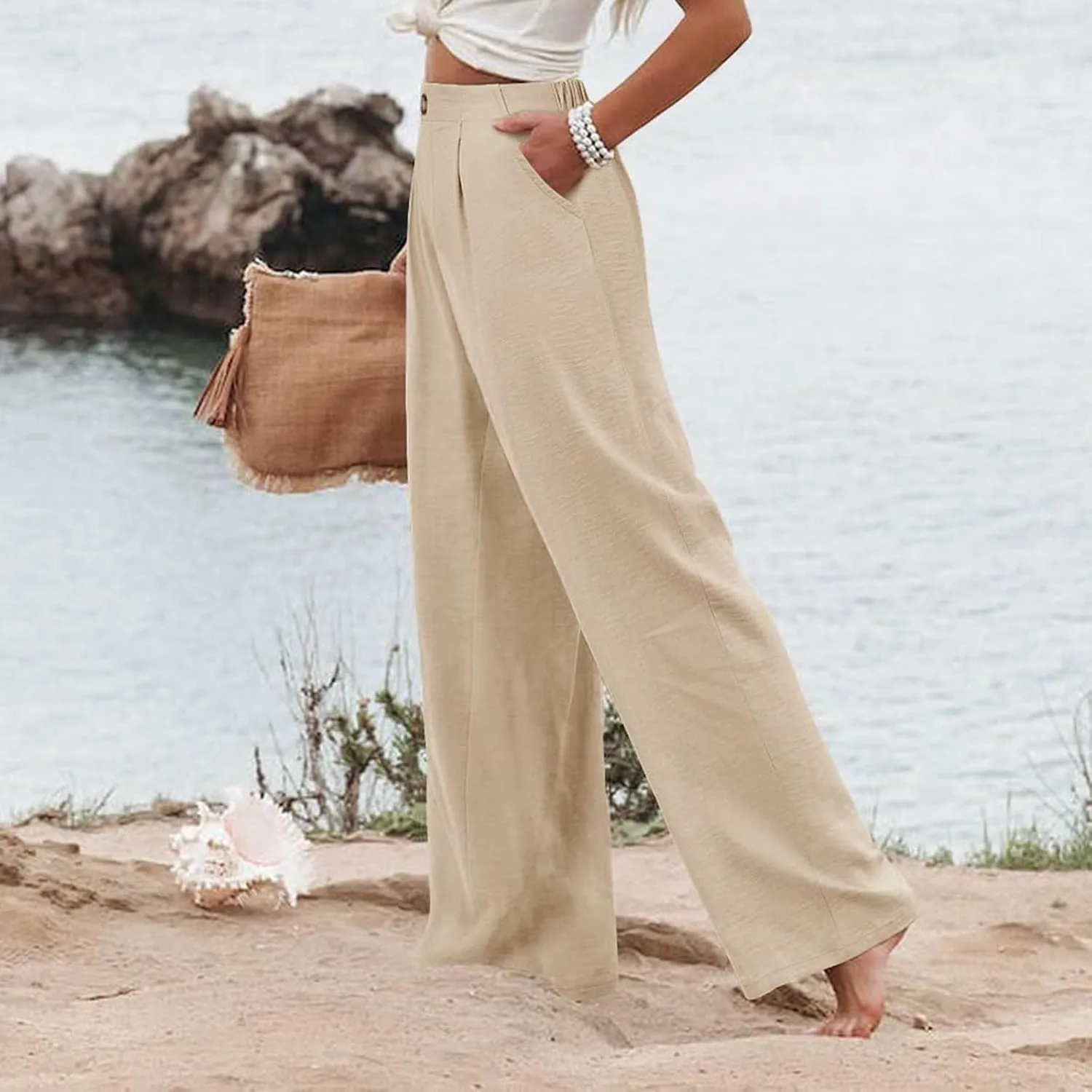Striped Linen Pants Women Summer Casual Button Up Wide Leg Linen Pants Vintage Palazzo Lounge Pants with Pockets