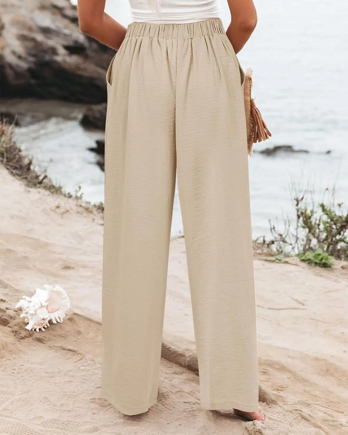 Striped Linen Pants Women Summer Casual Button Up Wide Leg Linen Pants Vintage Palazzo Lounge Pants with Pockets