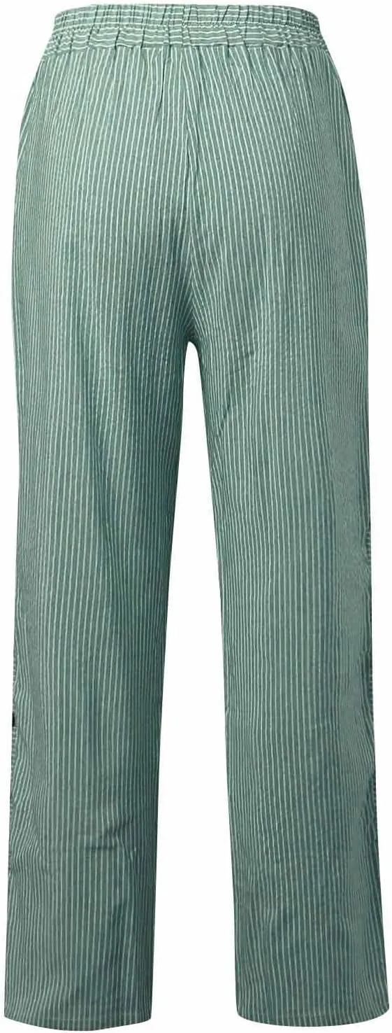 Striped Wide Leg Pants Woman Elastic High Waist Side Button Trousers Lightweight Straight Leg Cropped Pants w/Pockets