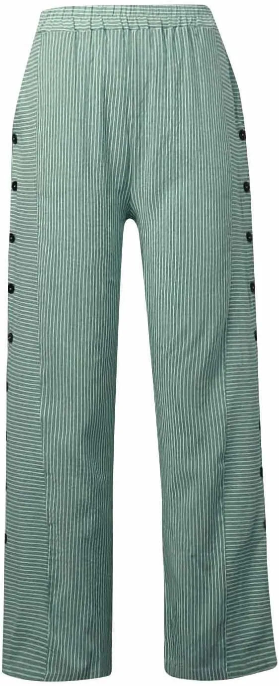 Striped Wide Leg Pants Woman Elastic High Waist Side Button Trousers Lightweight Straight Leg Cropped Pants w/Pockets