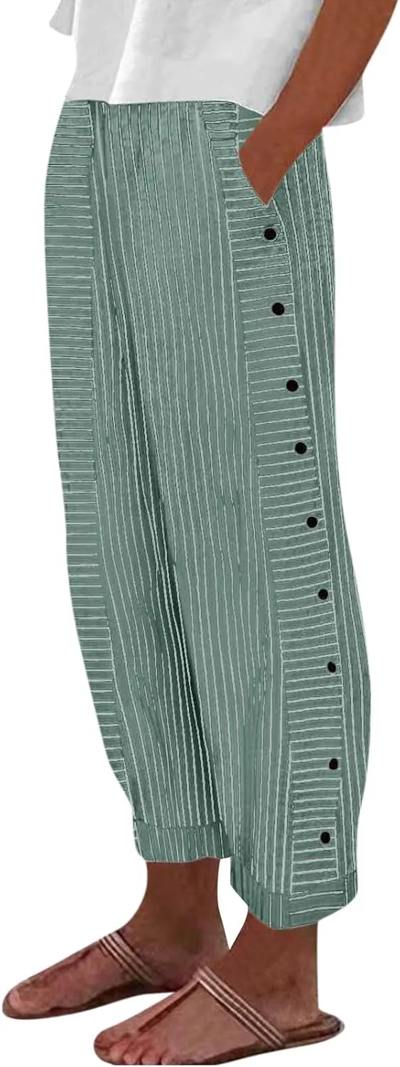 Striped Wide Leg Pants Woman Elastic High Waist Side Button Trousers Lightweight Straight Leg Cropped Pants w/Pockets