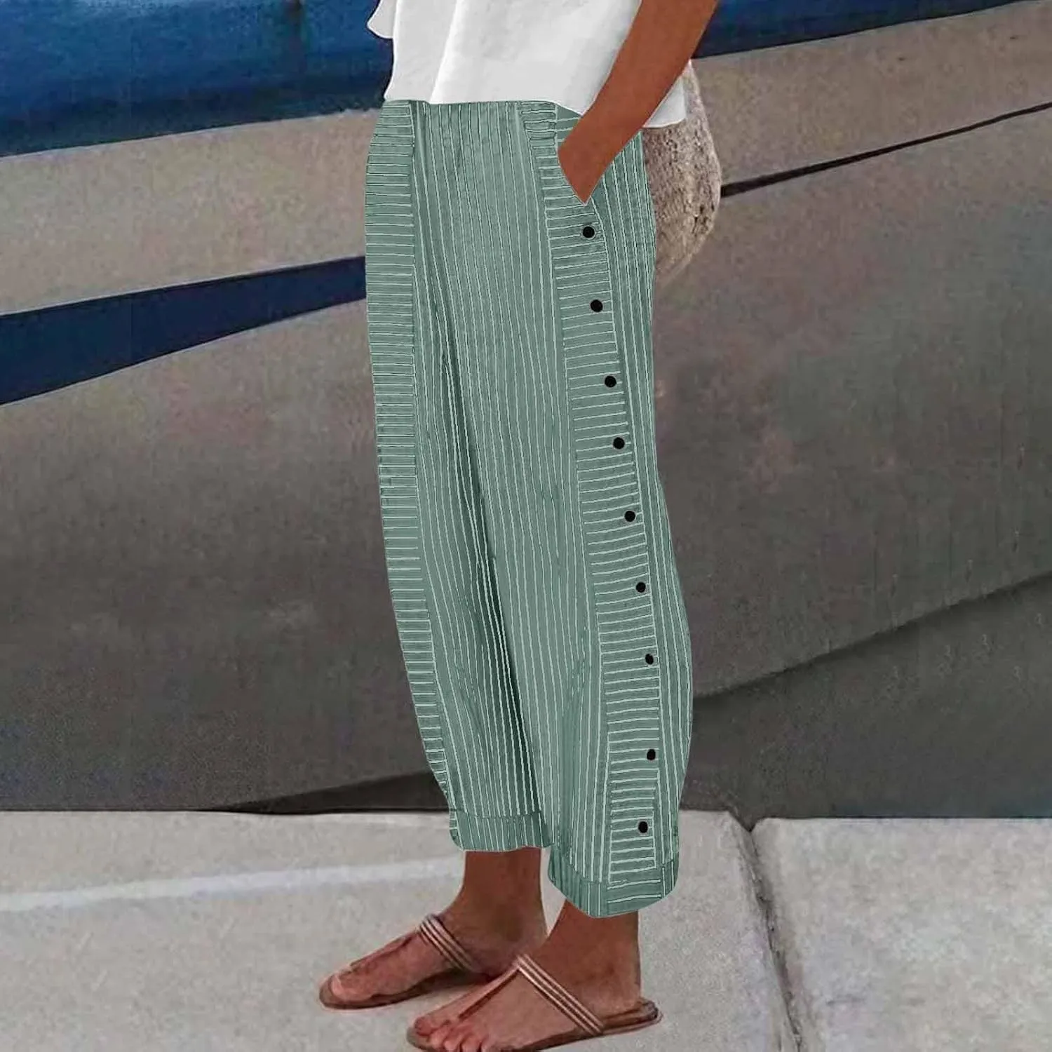 Striped Wide Leg Pants Woman Elastic High Waist Side Button Trousers Lightweight Straight Leg Cropped Pants w/Pockets