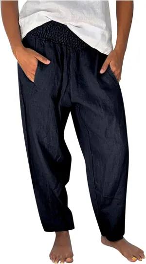 Summer Beach Pants for Women Casual Palazzo Linen Pants Smocked Elastic Waist Loose Trousers with Pockets