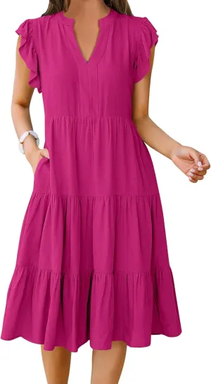 Summer Dress for Women Ruffle Sleeve V Neck Midi Dresses Trendy Casual Fit Flowy Tiered Boho Beach Vacation Sundress