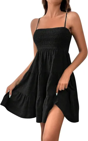 Summer Dresses for Women 2024 Spaghetti Strap Dress Sleeveless Smocked Sundress A Line Tiered Beach Dress