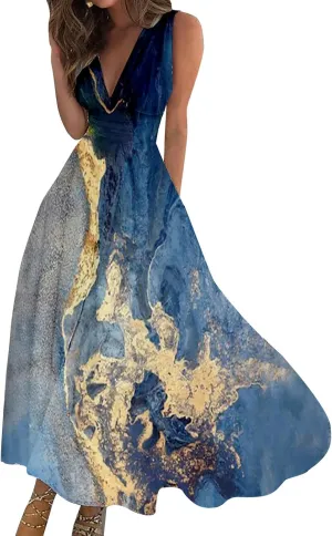 Summer Dresses for Women 2024 Womens Summer Wrap Maxi Dress Casual Boho Floral V Neck Sleeveless Beach Long Dresses
