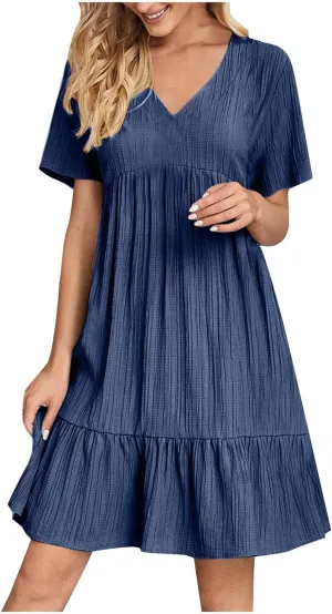 Summer Dresses for Women 2025 Casual Short Sleeve V Neck Sundress Ruffle Hem Smocked Swing Mini Dress Resort Wear