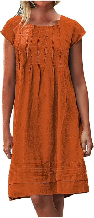 Summer Dresses for Women 2025 Round Neck Short Sleeve Pleated Dress Beach Vacation Sundress Fashion Casual Mini Dress