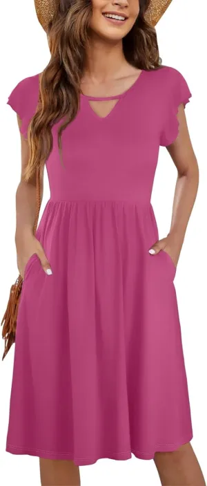 Summer Dresses for Women 2025 Ruffle Sleeve Casual Sundress Swing Elastic Waist Dress with Pockets