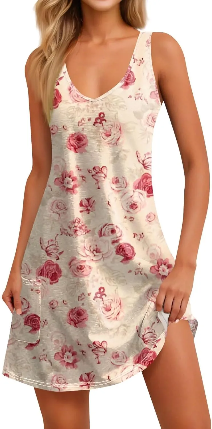 Summer Dresses for Women Casual Tshirt Tank Dresses Loose Flowy Sleeveless Mini Dress Beach Sundresses with Pockets