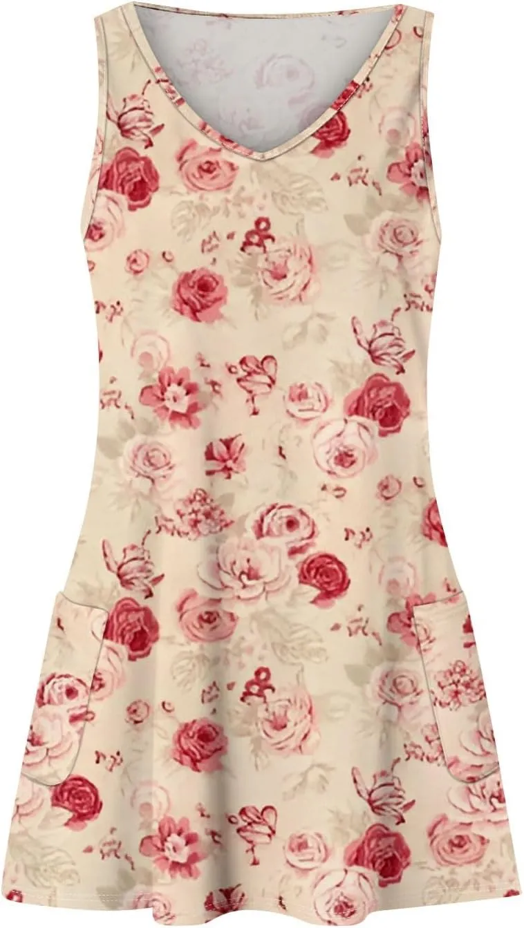Summer Dresses for Women Casual Tshirt Tank Dresses Loose Flowy Sleeveless Mini Dress Beach Sundresses with Pockets
