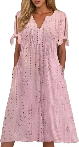 Summer Maxi Dresses for Women 2025 Vacation Casual V Neck Eyelet Dress with Sleeves Pockets Wedding Guest Church Outfits
