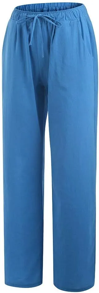 Summer Pants for Women Casual 2024 Summer Drawstring Elastic High Waist Linen Pant Straight Wide Leg Cropped Trousers