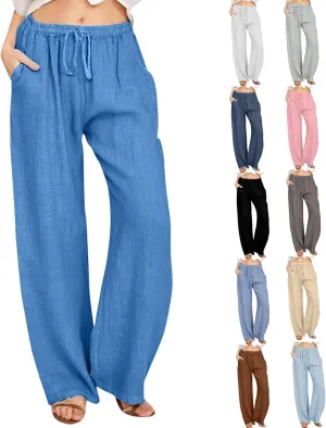 Summer Pants for Women Casual 2024 Summer Drawstring Elastic High Waist Linen Pant Straight Wide Leg Cropped Trousers