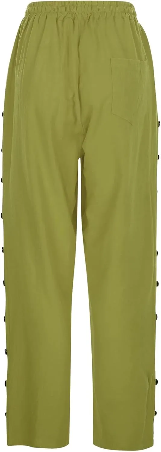 Summer Pants for Women Striped Side Button Pants Baggy Elastic Waist Straight Leg Trousers with Pockets