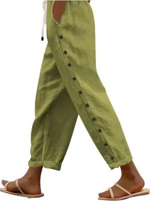 Summer Pants for Women Striped Side Button Pants Baggy Elastic Waist Straight Leg Trousers with Pockets