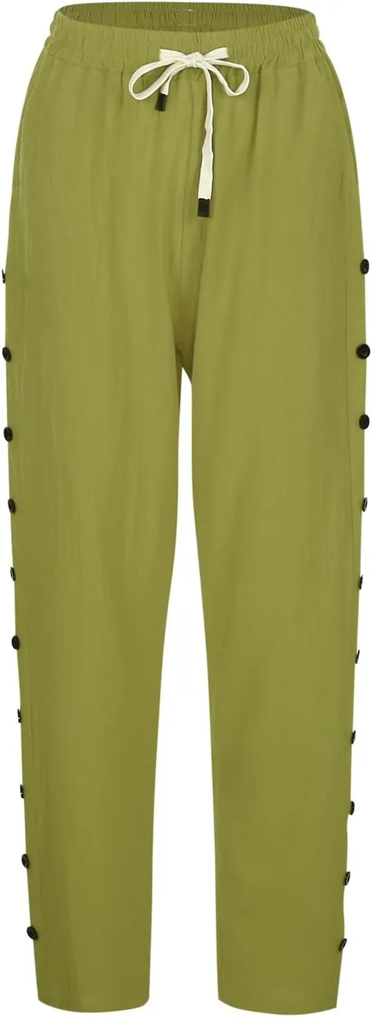 Summer Pants for Women Striped Side Button Pants Baggy Elastic Waist Straight Leg Trousers with Pockets