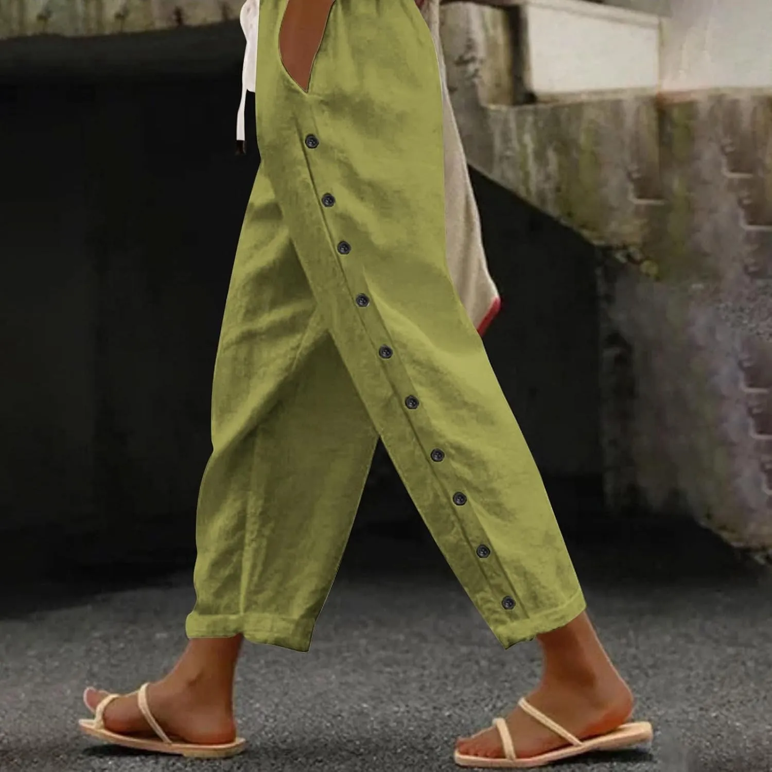 Summer Pants for Women Striped Side Button Pants Baggy Elastic Waist Straight Leg Trousers with Pockets