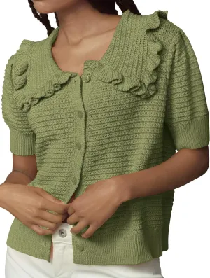 Summer Ruffle Collar Cardigan Sweater for Women Cute Short Sleeve Sweater Tops Button Open Front Cardigans