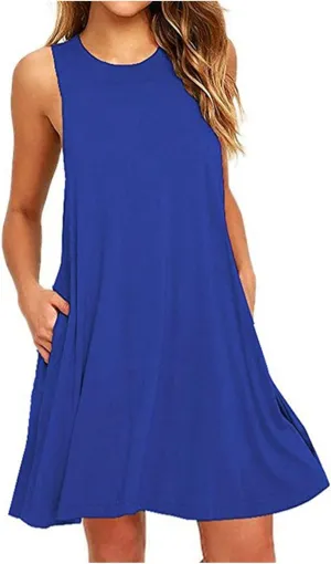 Sun Dresses for Women 2024 Summer Sleeveless Crew Neck Mini Dress Casual Loose Comfy Beach Tank Dress with Pockets