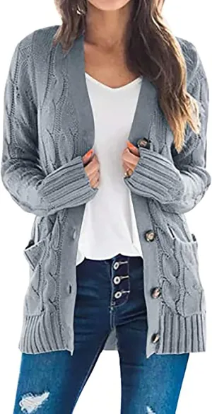 Sweaters for Women Fashion Open Front Long Sleeve Button Cardigans Chunky Cable Knitted Fall Winter Cardigan Outwear