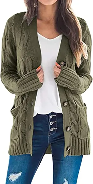 Sweaters for Women Fashion Open Front Long Sleeve Button Cardigans Chunky Cable Knitted Fall Winter Cardigan Outwear